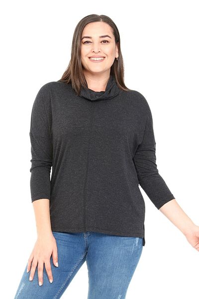 DISENTIS MODEST Plus Size Degaje Collar Slit Detailed Wool Viscose Black Blouse