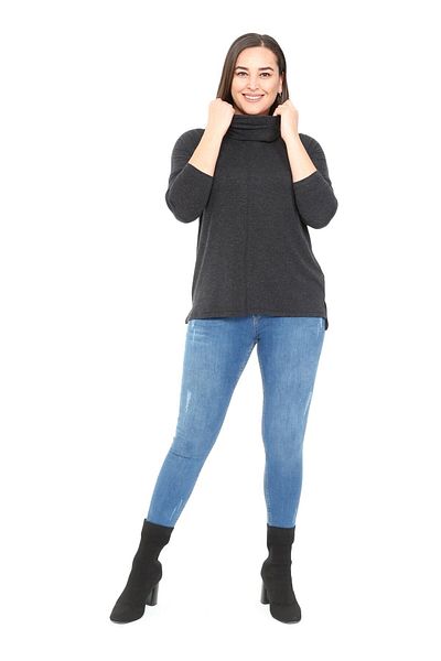 DISENTIS MODEST Plus Size Degaje Collar Slit Detailed Wool Viscose Black Blouse