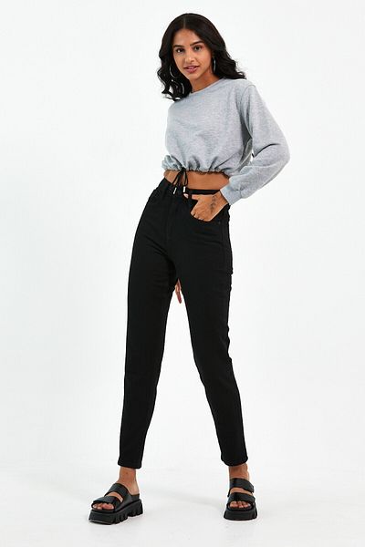 cracpot Pantaloni negri Mom Fit Tesatura elastica cu talie inalta