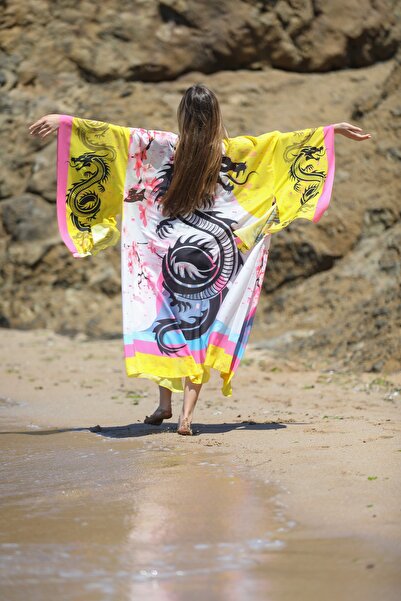 Elif Töngel Dijital Baskılı Sarı Siyah Ejderha Figürlü Özel Tasarım Kimono