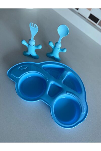 Bayev Çocuk Yemek Seti Figürlü Mama Tabağı Çatal Kaşık- Mavi