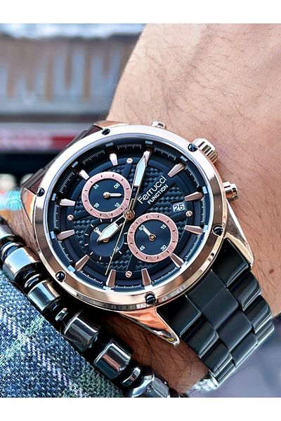 Ferrucci Black Color Rose Gold Case Functions Active Men's Wristwatch + Hematite Natural Stone Bracelet Gift