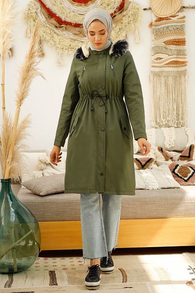 InStyle Zipový chlupatý kabát - Khaki
