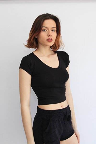 Rosse Butik Kadın Siyah V Yakalı Crop Top T-shirt