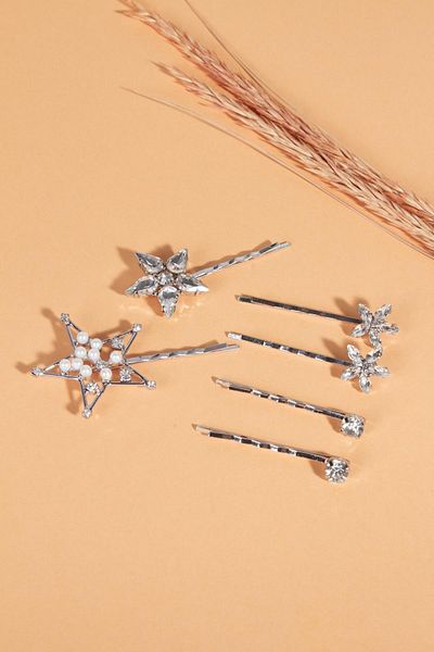 BAHELS Set cu catarame de lux, 6 piese, cu stea de cristal, de culoare argintie