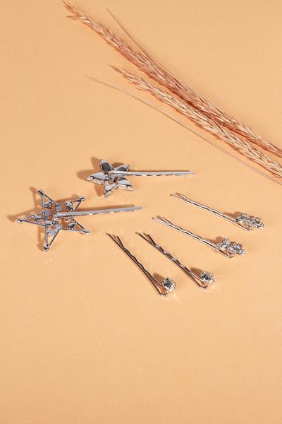 BAHELS Set cu catarame de lux, 6 piese, cu stea de cristal, de culoare argintie