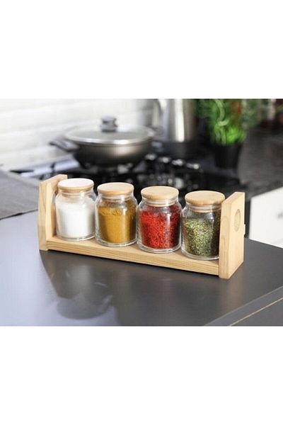 Ün-Ev 4-Piece Bamboo Vacuum Glass Jar Set with Lid and Stand