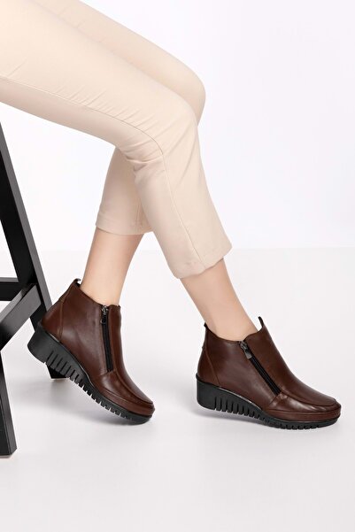 Gondol Kadın Hakiki Deri Çift Fermuarlı Kolay Giyim Bot Esfa.2450 - Kahverengi - 38