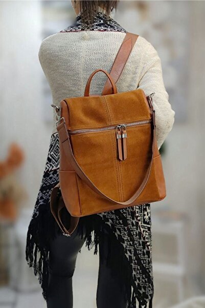 Jacquline Süet Kısmı Hakiki Deri Kadın Sırt Ve Omuz Çantası Zd164-5 Taba