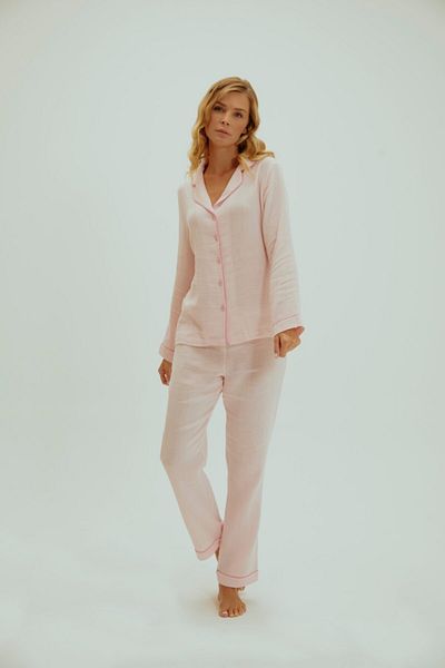 Bomosa Set de pijamale roz pentru femei, din muselină din bumbac organic, cu nasturi în față