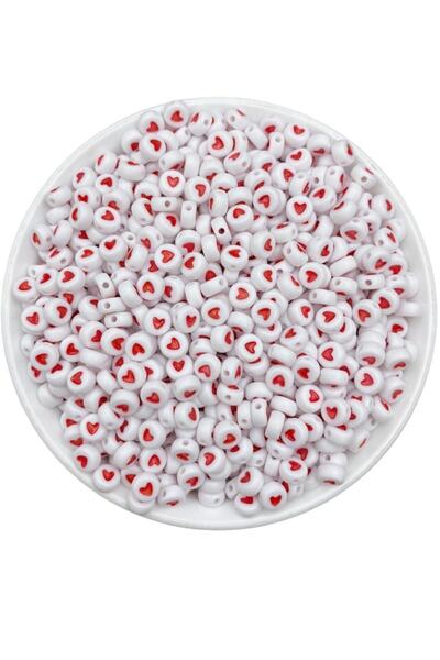 Hedef Bijuteri 25gr Yassı Beyaz Üzeri Kırmızı Kalp Boncuk,basık 4x7mm Kalp Ta...