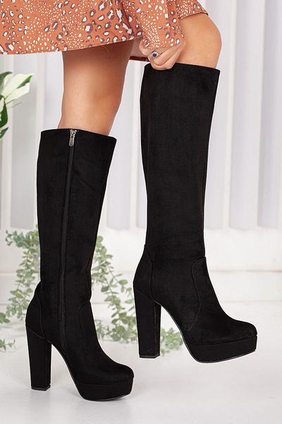 LİLLA Damen Plateaustiefel über dem Knie aus schwarzem Wildleder
