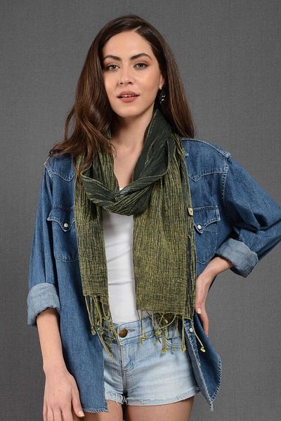 Dosimira Nefti Green Denim Grinding Cotton Large Shawl 40x185 Cm