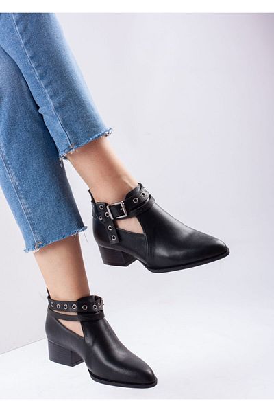 Bej Ayakkabı Women's Back Zippered Side Buckle Adjustable Low Heel Shoes Matte Black