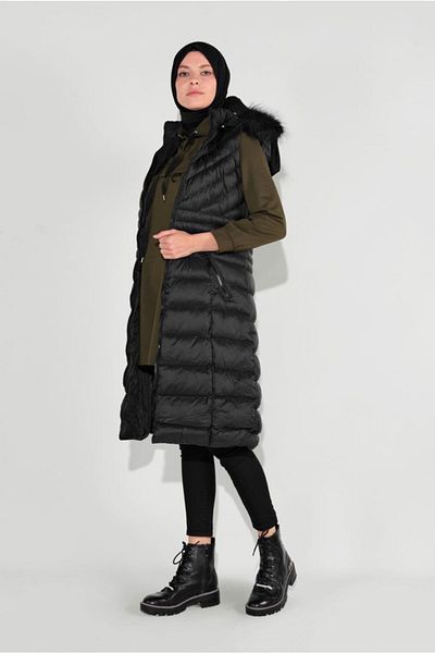 TRENDTESETTÜR Women's Black Hooded Fur Puffer Vest 1965