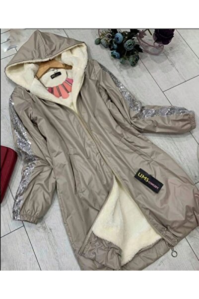 rengamoda Women's Beige, Sequin Detailed Hooded Coat on the Sleeve with Fur I...