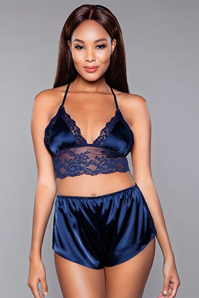 Genel Markalar Kadın Mavi Saten Sütyen Şort Takım - Saten Bralet Sütyen Takım - Saten Gecelik
