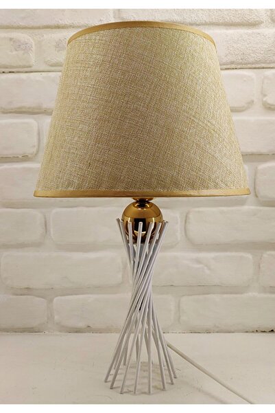 365GUNSERİSONU مصباح طاولة عاكس الضوء من القماش البني ذو الساق المعدنية البيضاء