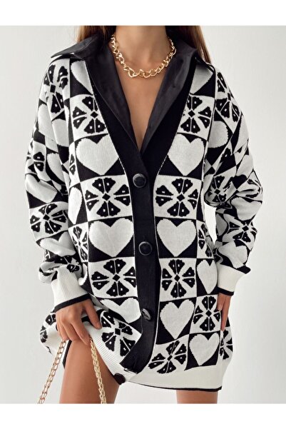 Oyer Moda Women's Heart Patterned Oversized Cardigan