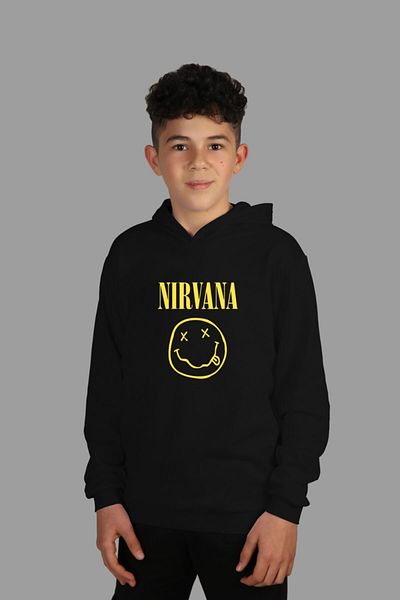 Raf Coll Children's Black Hooded Sweatshirt Nirvana Digital Printed Two Threads with Ribbon Inside