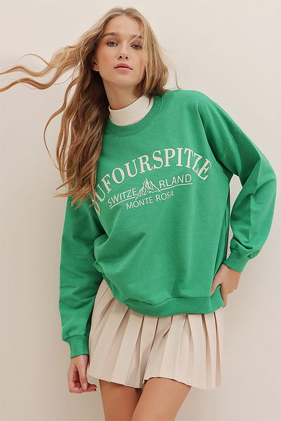 Trend Alaçatı Stili Sweatshirt - Grün - Oversized