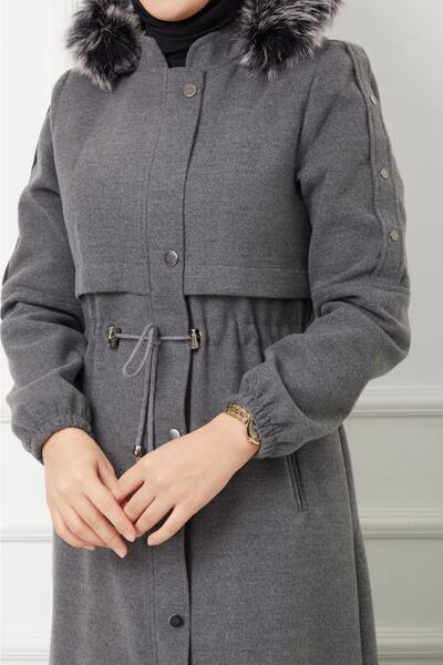 KMKkombin Women's Zippered Full Length Cashmere Hooded Fur Long Stitched Topcoat Coat