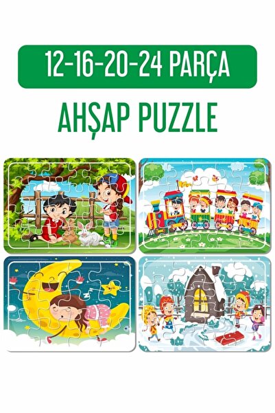 LİPYOS Sevimli Tavşanlar Ve Biz, Tren, Yılbaşı Ve Karda Oyun, Aydede Ahşap 4'lü Puzzle Seti