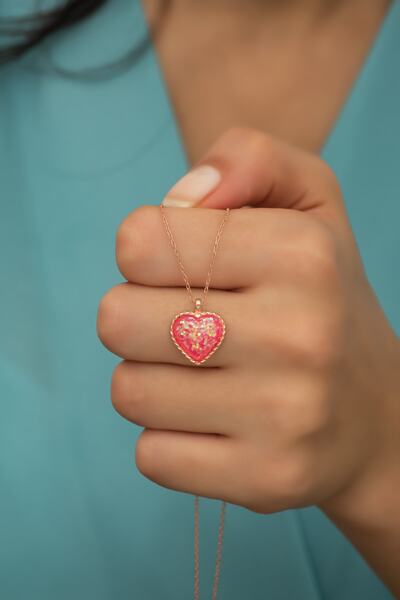 Nereze 925 Ayar Gümüş Pembe Opal Taşlı Kalp Kolye