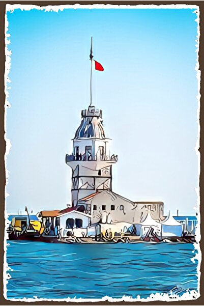 hediyeniburadabul Ρετρό ξύλινη αφίσα Πύργου των Κοριτσιών – Ειδική Συλλογή Κω...