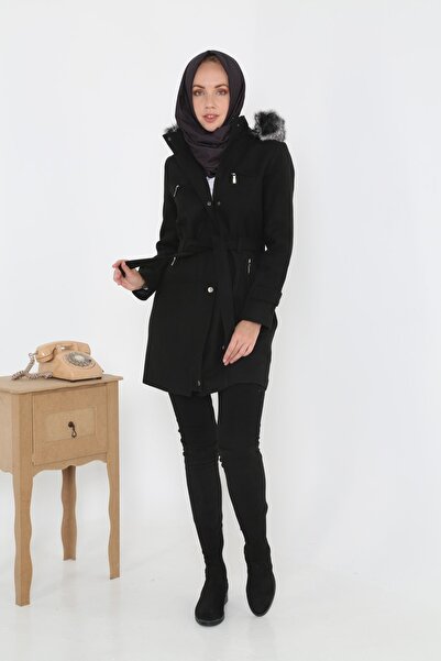 KMKkombin Women's Young Sports Zippered Belt Detailed Short Stash Coat