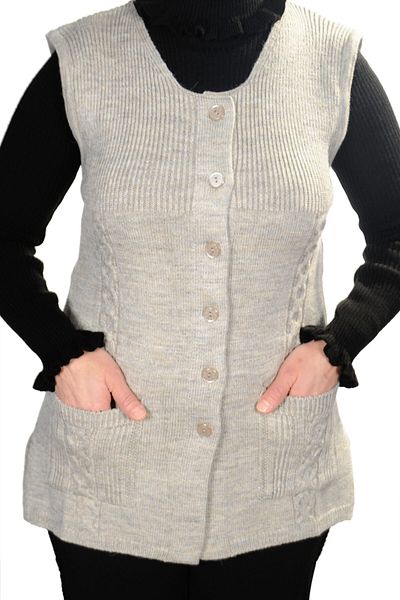 Fresh&Moda Women's Cream Round Neck Buttoned Wool Vest with Pockets