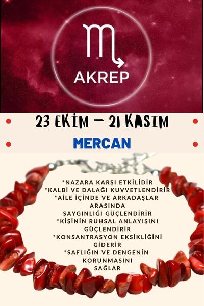 Gümüştel Sertifikalı Burç Taşı Akrep Burcu Mercan Taşı Bileklik