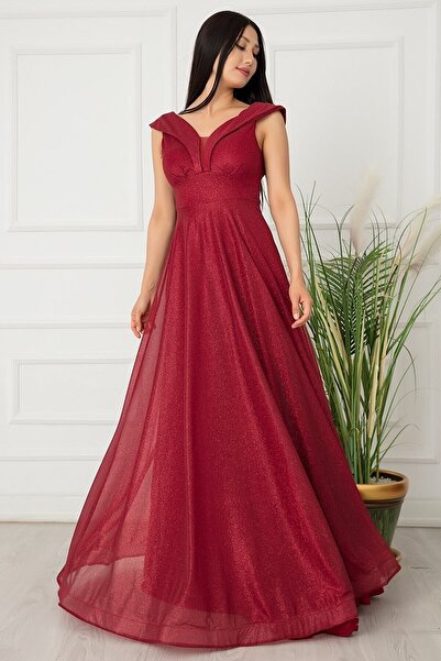 bayansepeti فستان طويل من قماش اللوركس اللامع باللون الأحمر الداكن 13280