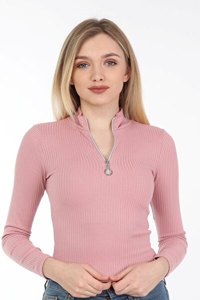 Neslice in İstanbul Kadın Pembe Renk Fermuarlı Yarım Balıkçı Uzun Kollu T-shirt