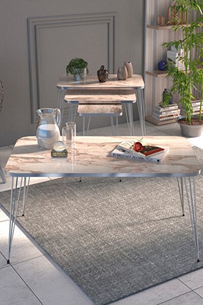 GOLDFALEZ Zigon Sehpa Kr Ve Orta Sehpa Kr Set Gümüş Efes Tel