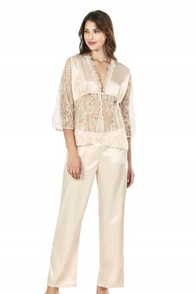 AHU Fildişi Ikili Saten Gecelik Pijama Takımı 7649