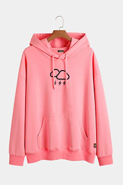 VEAVEN Unisex Pembe Kapüşonlu Bulut Baskılı Slim Fit Kanguru Cepli Sweatshirt