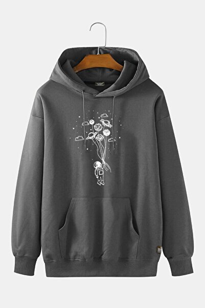 VEAVEN Unisex Antrasit Kapüşonlu Balon Baskılı Slim Fit Kanguru Cepli Sweatshirt