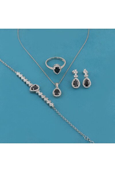 Silveranka 925 Ayar Gümüş Siyahtaşlı Su Yolu Damla Set