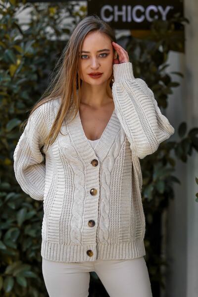 Chiccy Γυναικεία πλεκτά μαλλιά σε μπεζ μοτίβο με κοκάλι με κουμπιά ρετρό ζακέτα M10010900HR99517