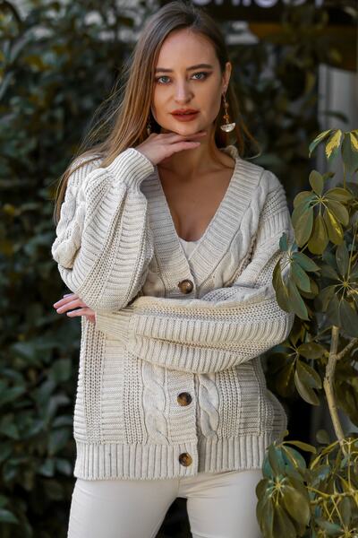 Chiccy Γυναικεία πλεκτά μαλλιά σε μπεζ μοτίβο με κοκάλι με κουμπιά ρετρό ζακέτα M10010900HR99517