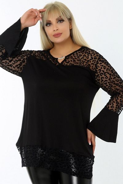 Kheos Flounce Sleeve Tunic with Flock Print on Tulle, Collar and Chain Detail