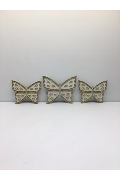 Otantik Dekoratif Polyester Üçlü Kelebek Beyaz Altın Duvar Süsü