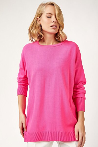 Happiness İstanbul Γυναικείο φούτερ σε σκούρο ροζ Oversize εποχιακό πλεκτό PN...