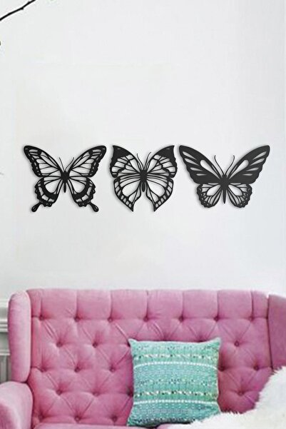 NT Handmade Siyah Ahşap 3lü Kelebek Set Duvar Dekoru Salon Oturma / Yatak / Ç...