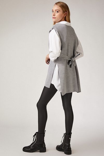 hoombutik Women's Gray V-Neck Belted Long Knitwear Sweater