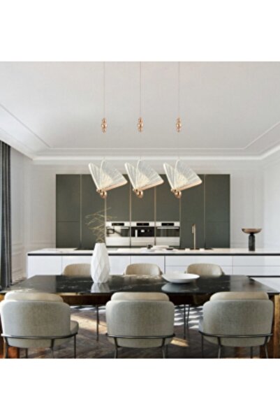 burenze Elegance Modern Kelebek Tasarım Üçlü Sarkıt Led Avize Sıralı Yemek Masası Rose Gold Sarı