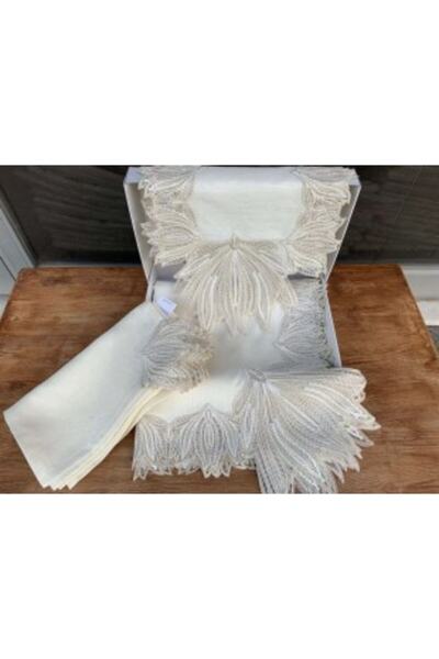Almila Home Alena Masa Örtüsü 12 Kişilik Dantelli Linen Kumas Krem Sofra Takımı