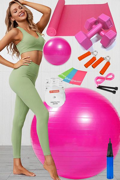 Jet 12-Piece Pilates Set Set Ball 3-Piece Pilates Band Rubber Dumbbell Cushion Mat Jump Rope Hand Spring Pink