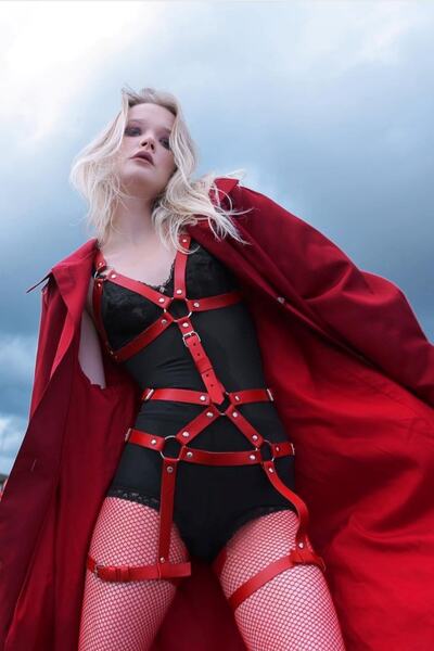 Sweet Demon Women's Red Full Body Wrap Adjustable Fancy Leather Harness Accessory